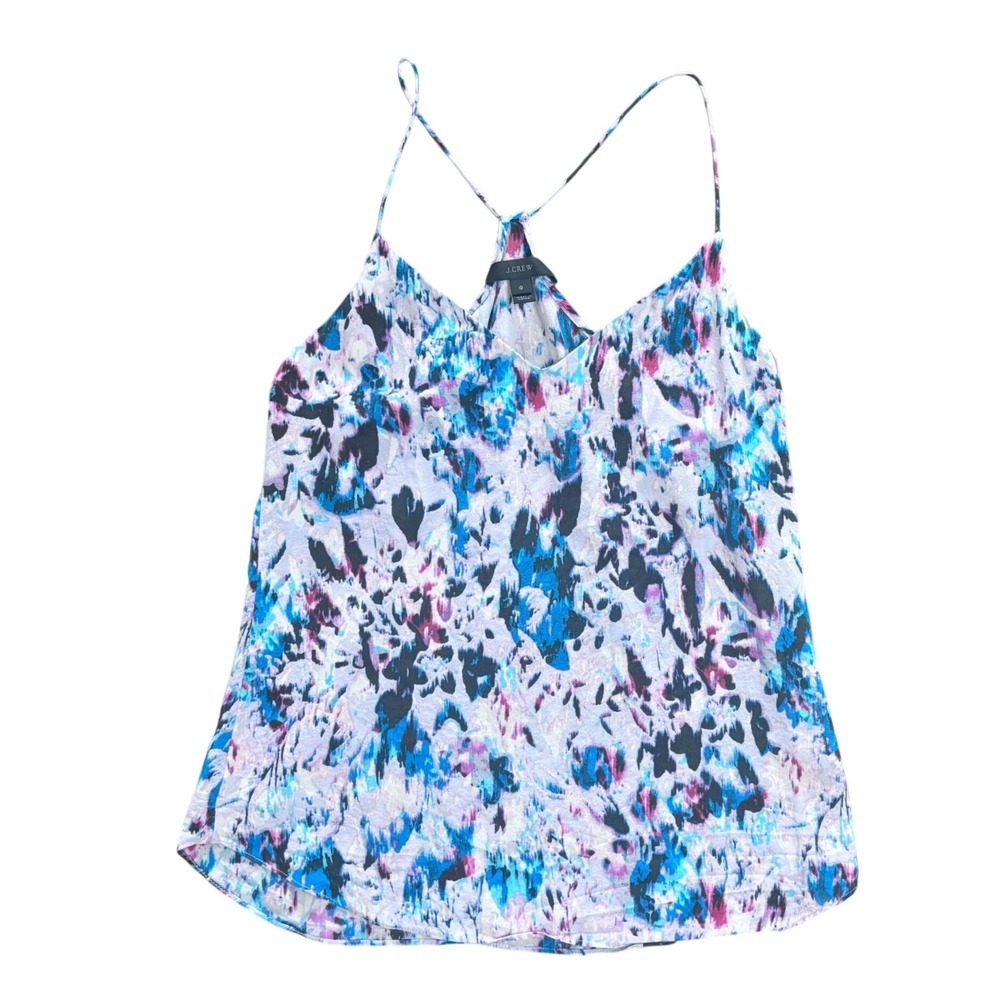 J.Crew Racerback Artsy Romantic Camisole Blue Pink Abstract Silk Size 0